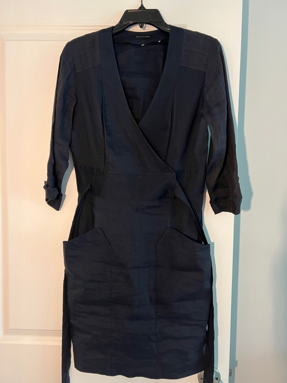 Elie Tahari Navy Wrap Linen Dress